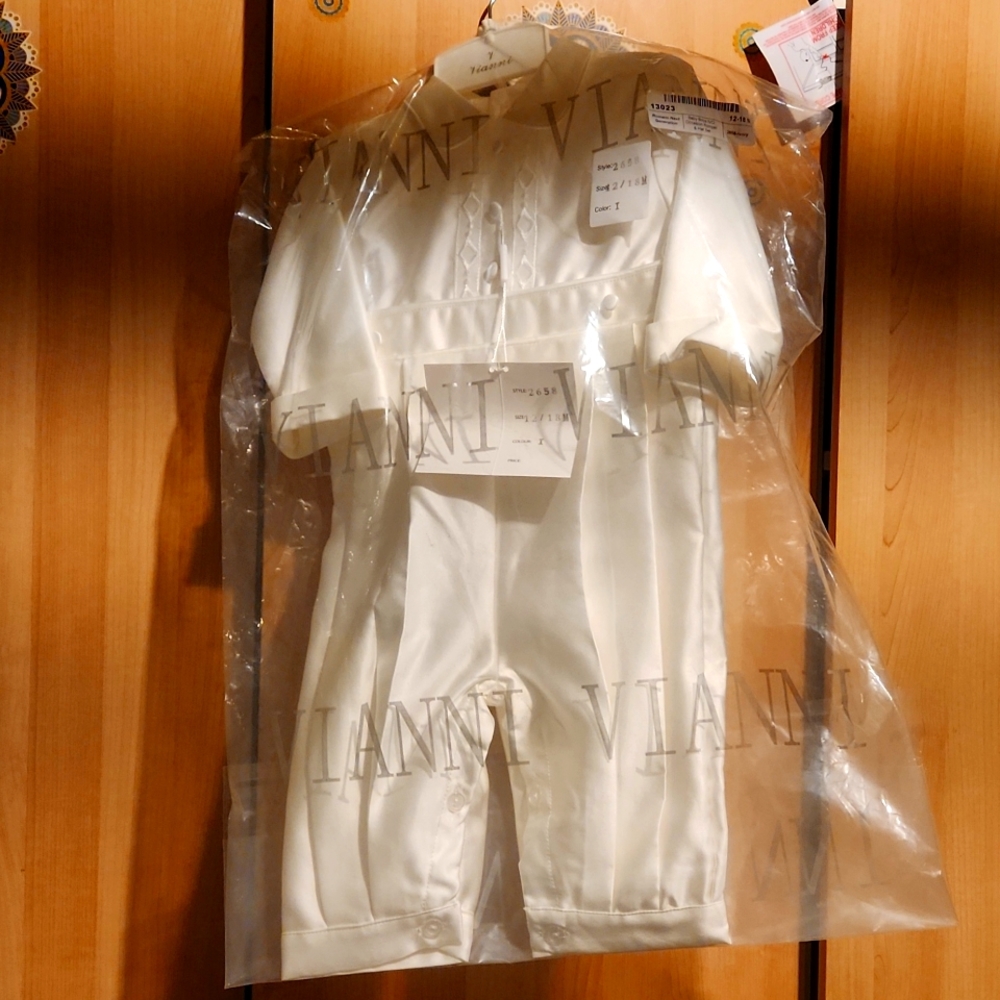Baby boy ivory occasion rompers and hat set